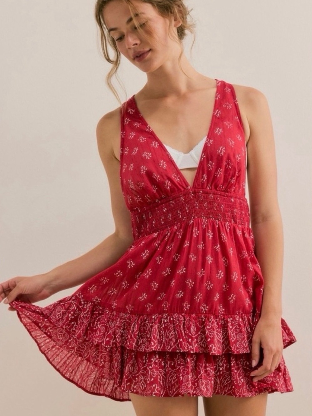 Free People Happy Hour Printed Mini Slip Dress Garnet Combo Size L NWT
